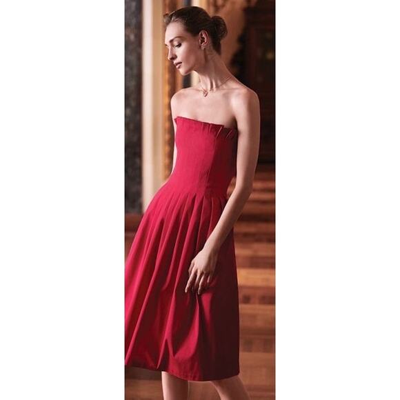 Antonio Melani Red Strapless Pleated Midi Dress Size 6 - Picture 2 of 7